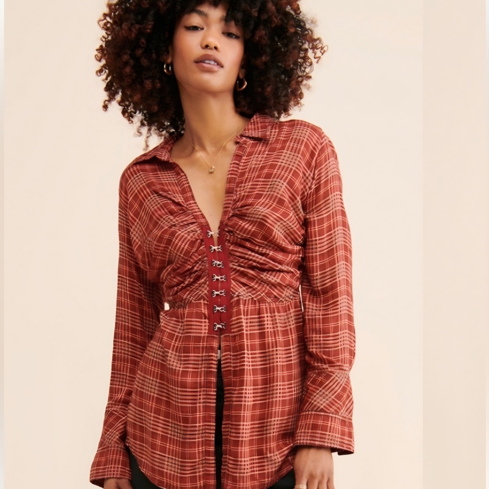 Free People Brown Ruched Long Sleeve Button Down Shirt